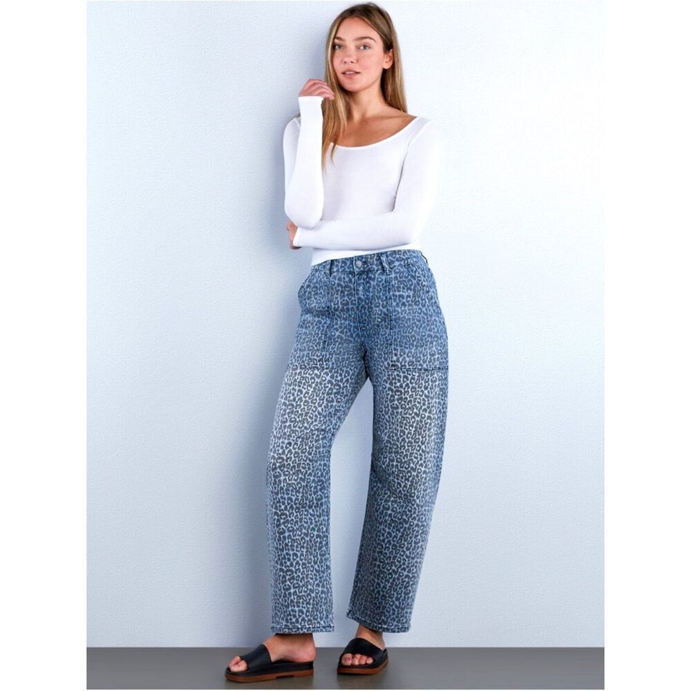 Wash Lab Animal Barrel Jeans Blue Leopard Print Wide Leg Pants size 32